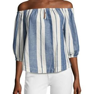 YOUNG FABULOUS AND BROKE Blue White Stripe Linen Off Shoulder Peasant Top SZ L